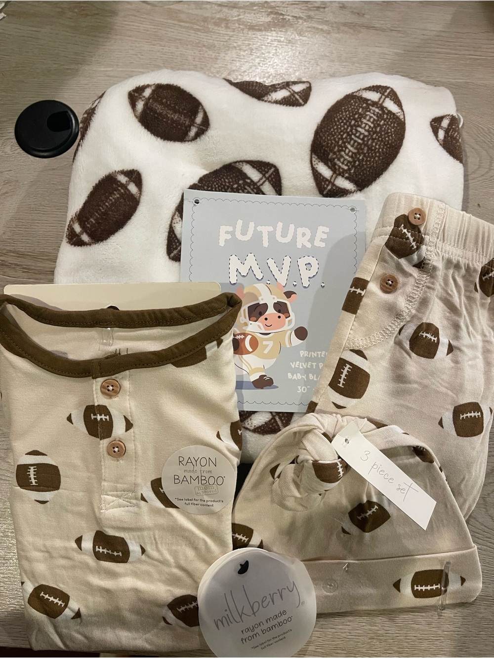 Bundle: Blanket and Kids "Future MVP" Beige Football Pajama Set - 3-Piece